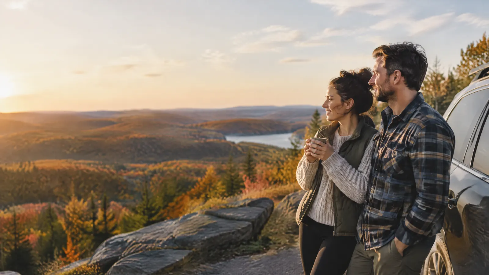 A scenic Ontario road trip moment: a couple stopped at a lookout over rolling fall hills, relaxed.