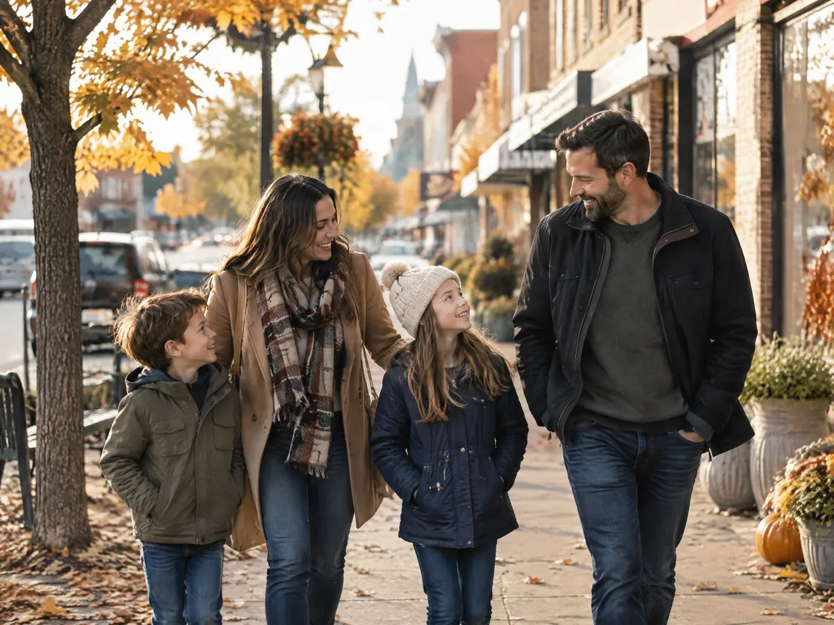 A family walking down a small-town Ontario main street in autumn.