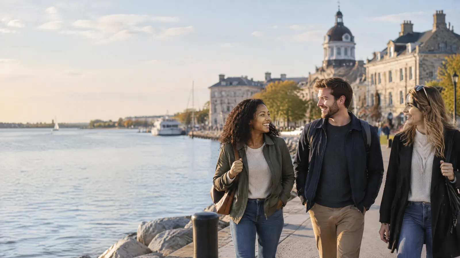 Friends walking along the Kingston waterfront with limestone buildings behind them.