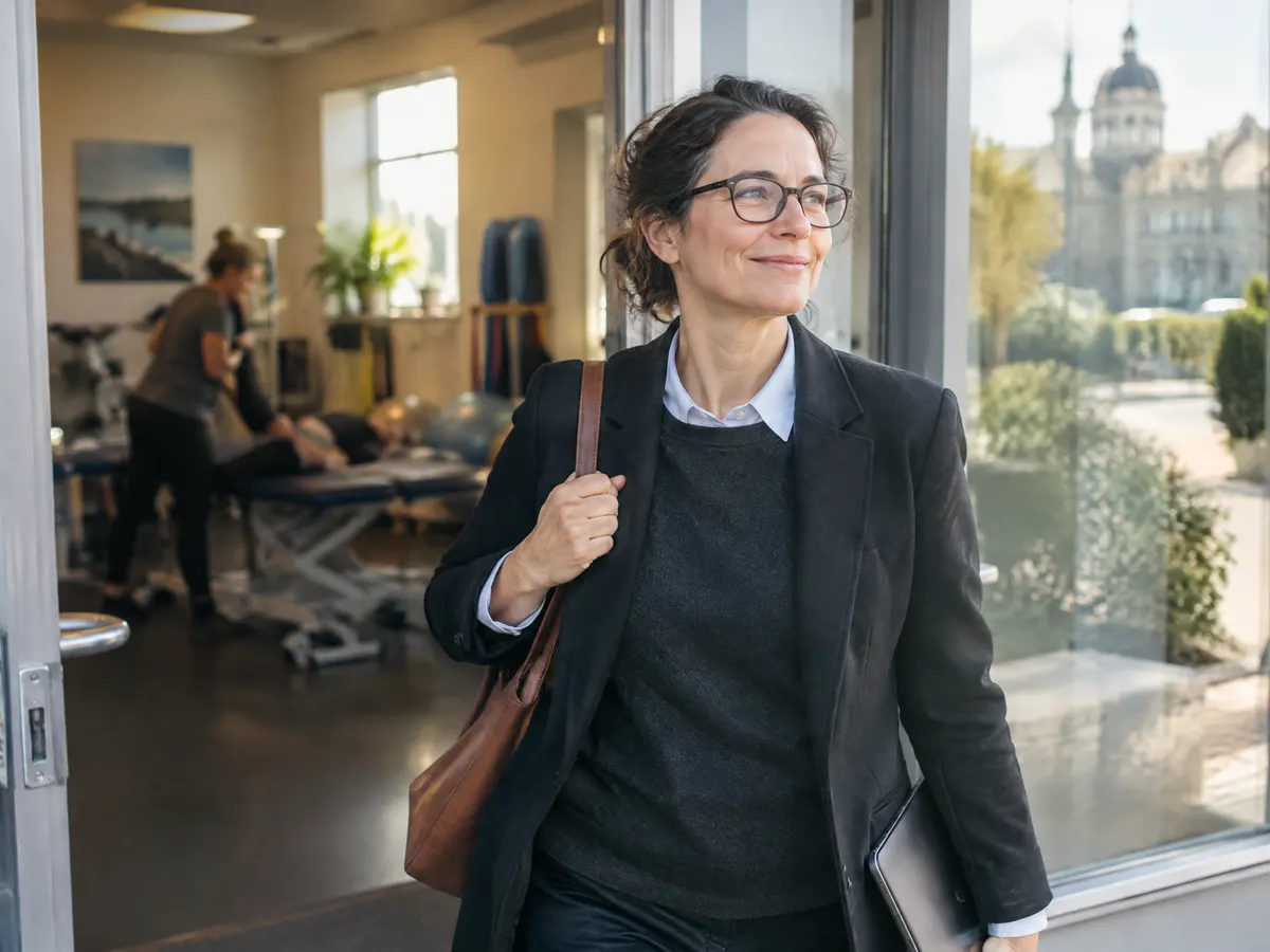 A professor leaving a physiotherapy clinic in Kingston.