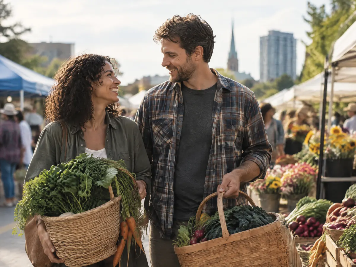 A couple at a farmers market in Kitchener-Waterloo, holding baskets.