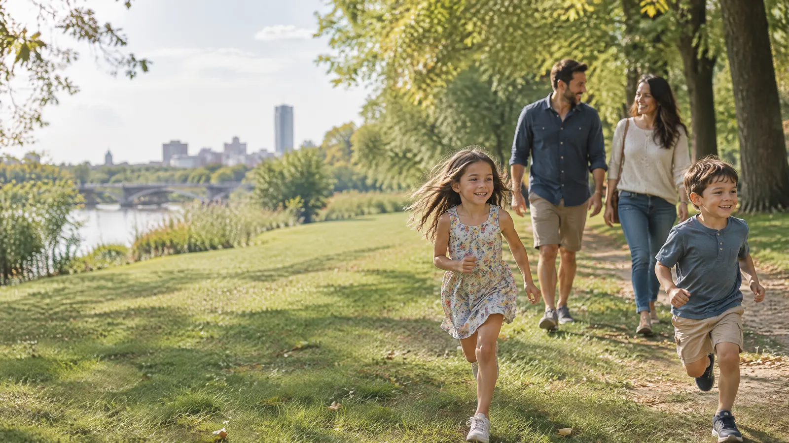 A family walking through a leafy park in London Ontario on a sunny day, kids running ahead.