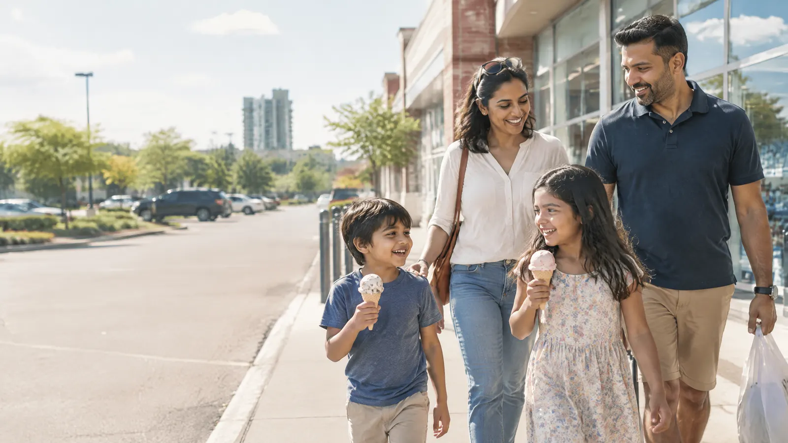 A family leaving a pharmacy in a Mississauga plaza on a sunny day, kids holding ice cream.