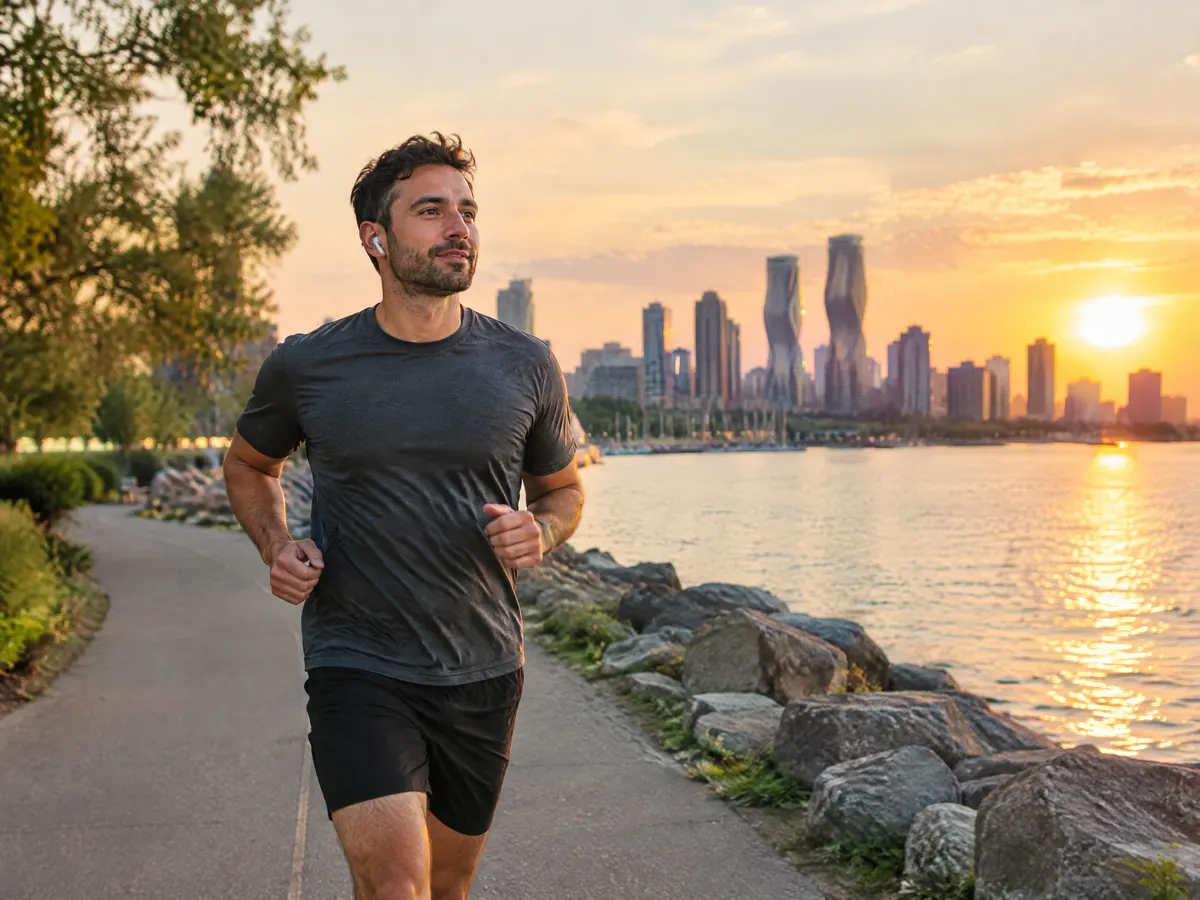 A man jogging along the Mississauga waterfront trail at sunrise.
