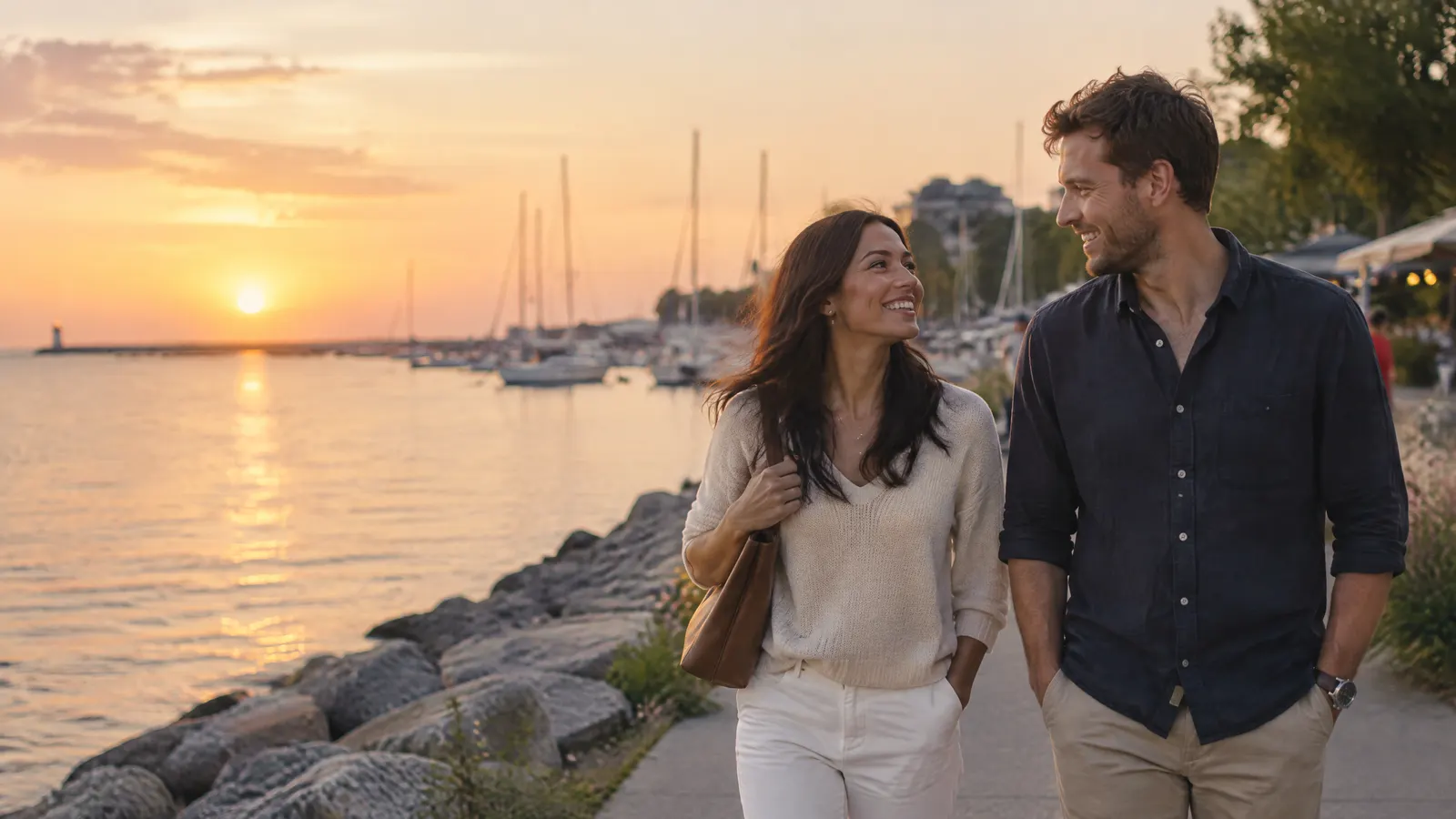 A couple walking along the Oakville harbour at sunset after dinner, relaxed.