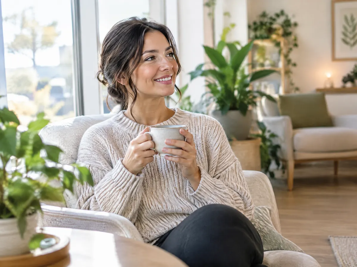 A woman relaxing with a cup of herbal tea in the calm lounge of an Oakville wellness clinic after her appointment.