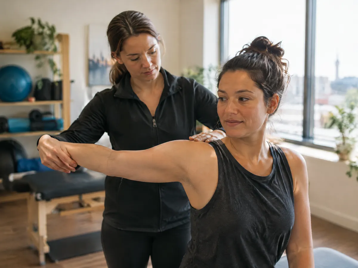 A woman doing a physio session for her shoulder in Oshawa.