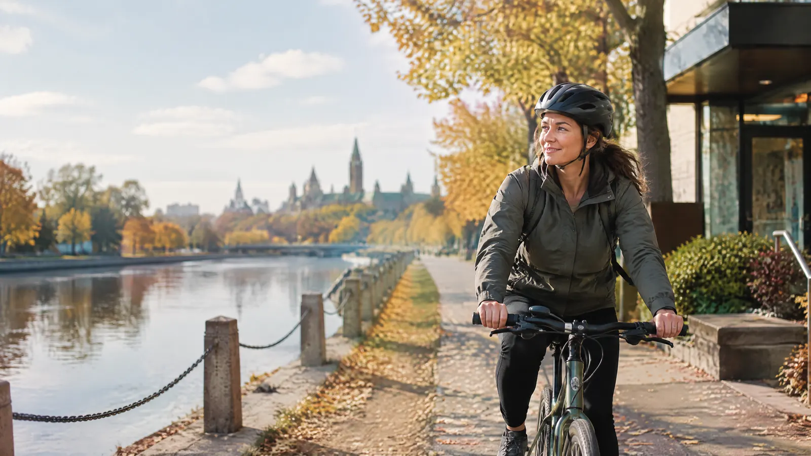 A cyclist in her thirties leaving a physiotherapy clinic and riding along the Rideau Canal in Ottawa on a crisp autumn day.