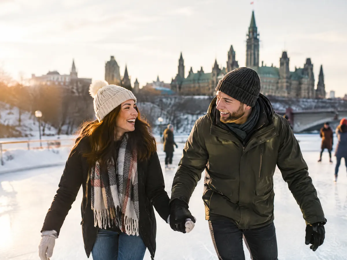 A couple skating on an outdoor rink in Ottawa in winter, laughing.