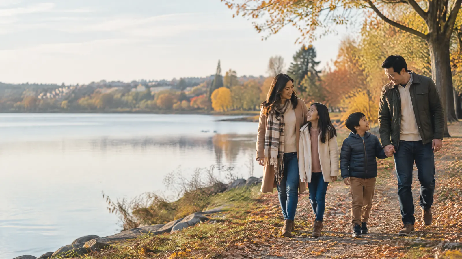 A family walking near a lake in Richmond Hill in autumn.