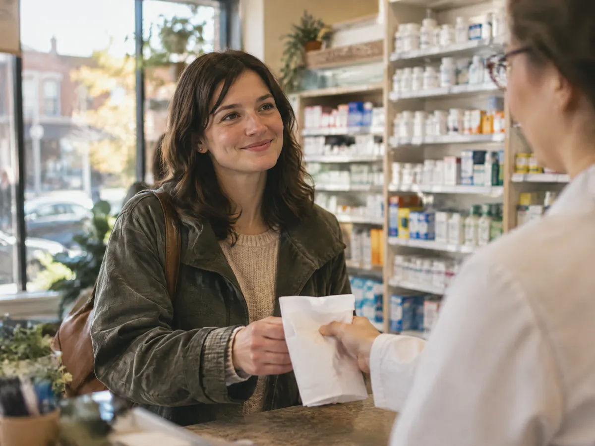 A woman picking up a prescription at a small St. Catharines pharmacy.