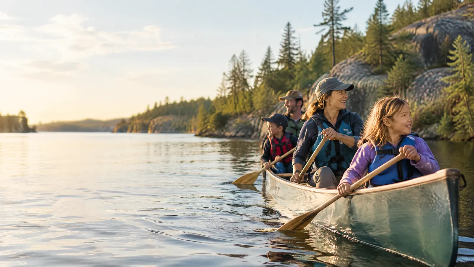 A family canoeing on a lake near Sudbury surrounded by rugged northern Ontario rock and pine.