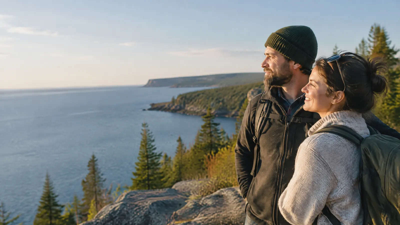 A couple on a lookout over Lake Superior near Thunder Bay on a clear day.