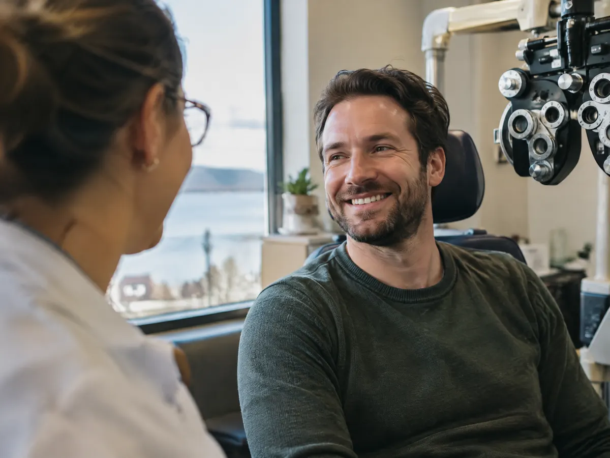 A man at an eye exam in Thunder Bay, smiling at the optometrist.