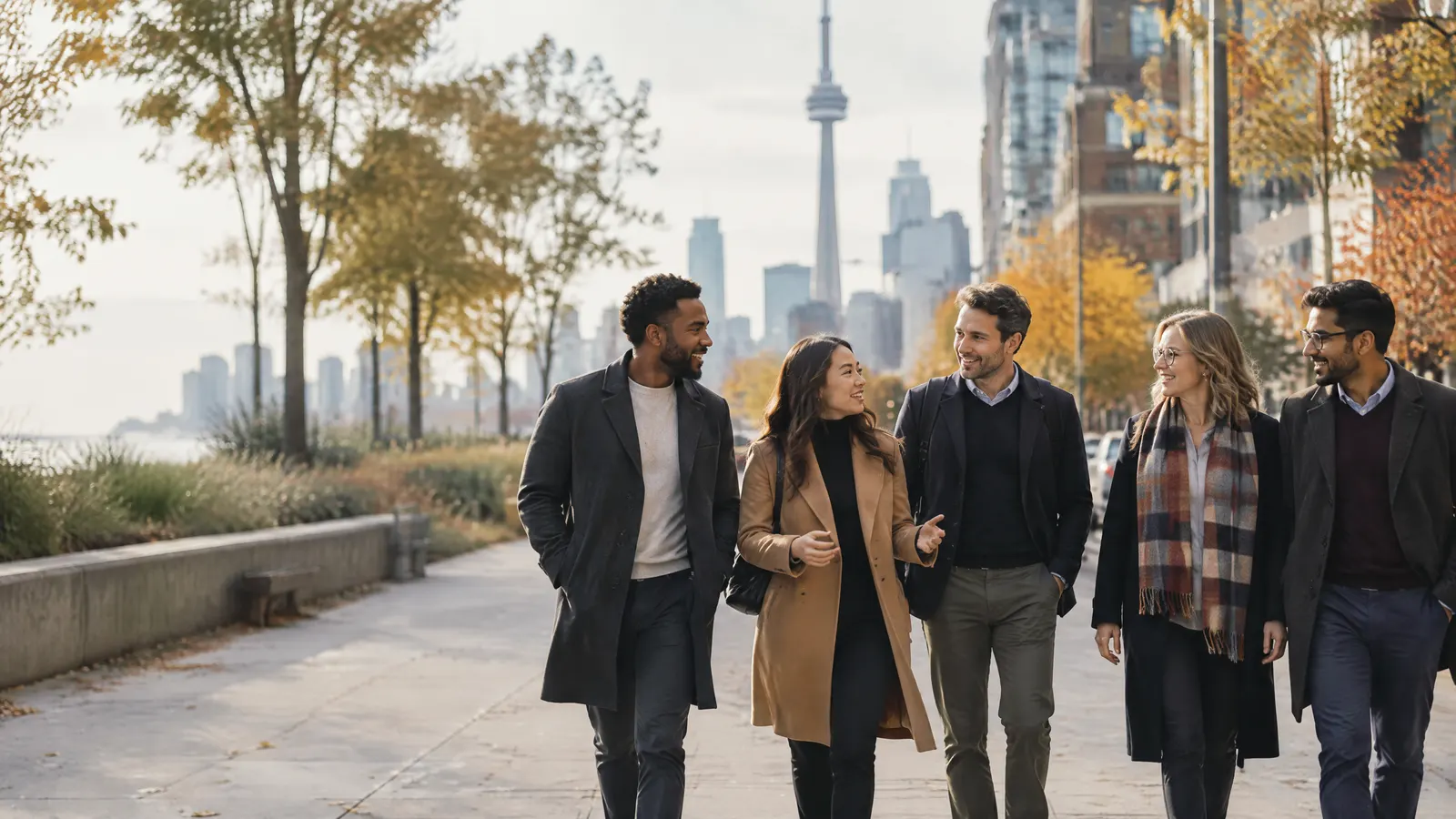 A small business team of five walking and talking on a downtown Toronto street, the CN Tower softly out of focus in the distance, autumn afternoon.