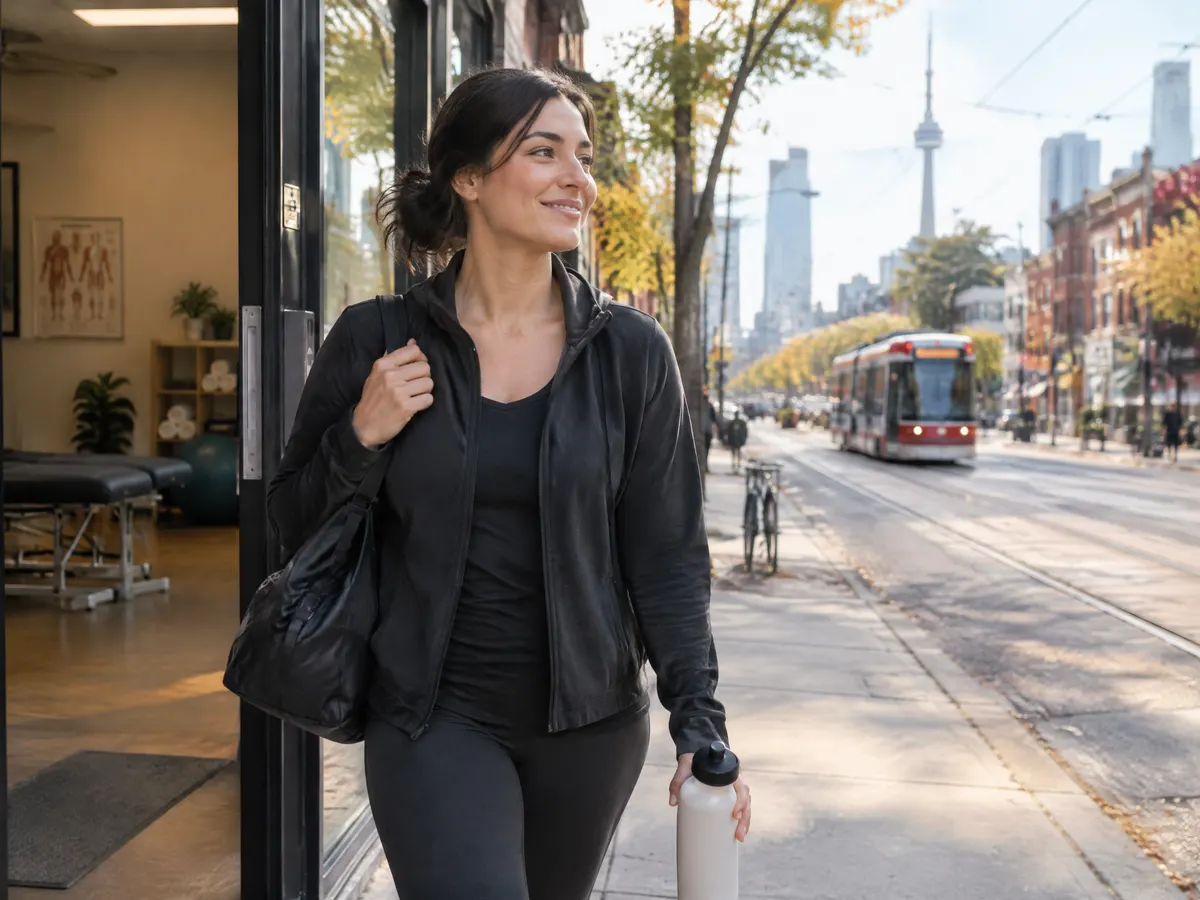 A woman leaving a physio clinic in a Toronto neighbourhood with streetcar tracks in the background.