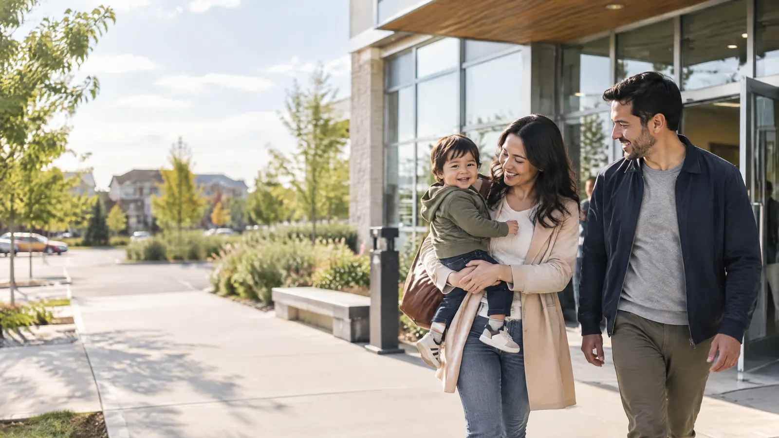 A family leaving a modern health clinic in Vaughan with a toddler, sunny suburban plaza.