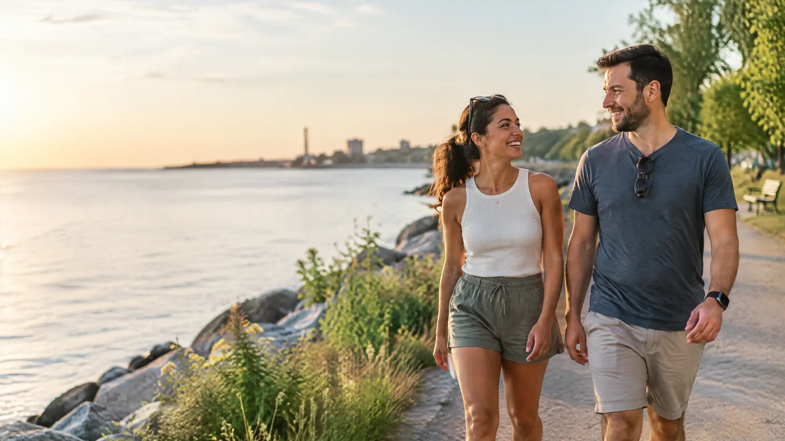 A couple walking along the Whitby waterfront trail in summer.