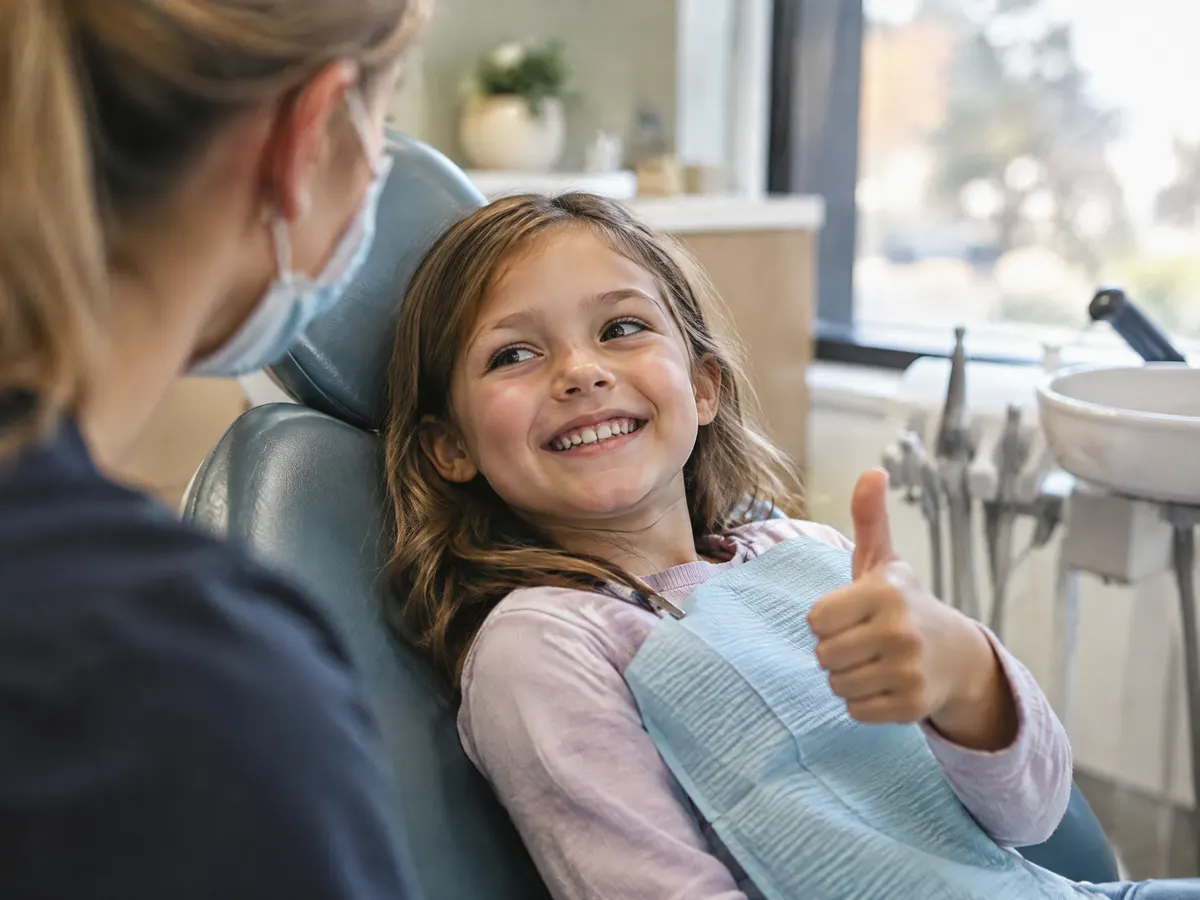 A child at the dentist in Whitby giving a thumbs up.
