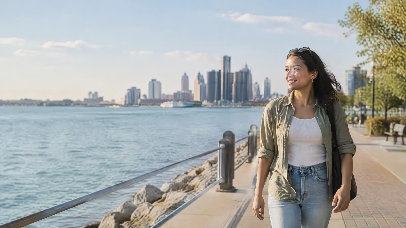 A woman walking along the Windsor riverfront with the Detroit skyline softly in the distance, sunny day.