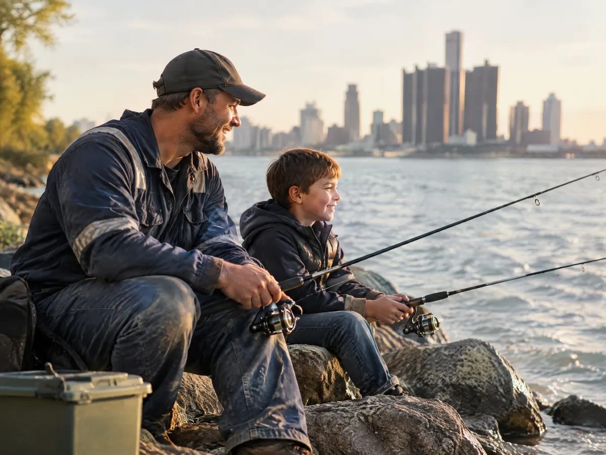 An autoworker and his son fishing on the Detroit River shore.