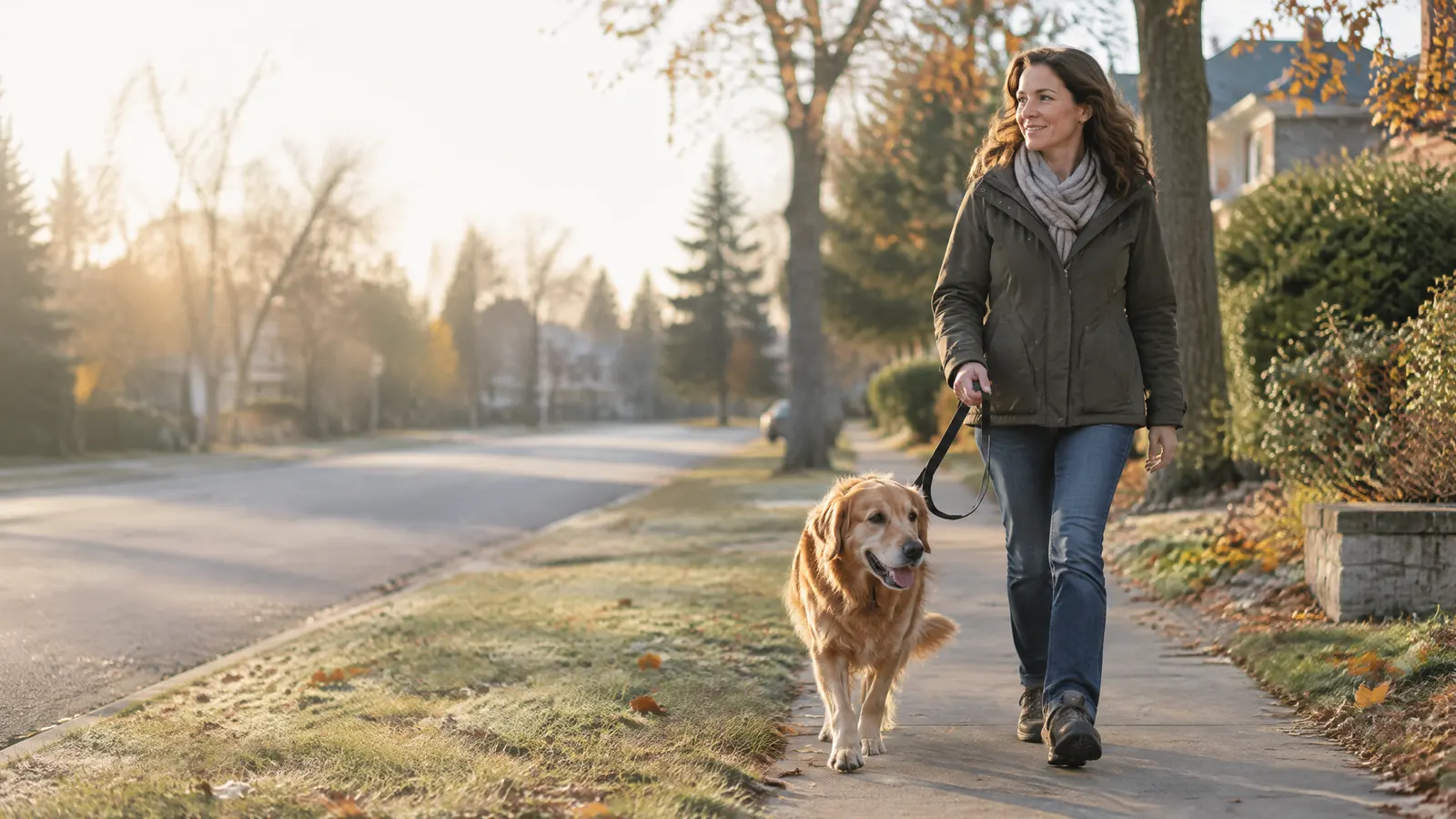 A woman in her forties walking her dog through an Ontario neighbourhood on a crisp morning, peaceful and steady.