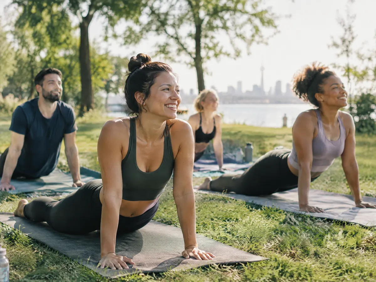 A group of friends doing an outdoor yoga class in a park on a summer morning.