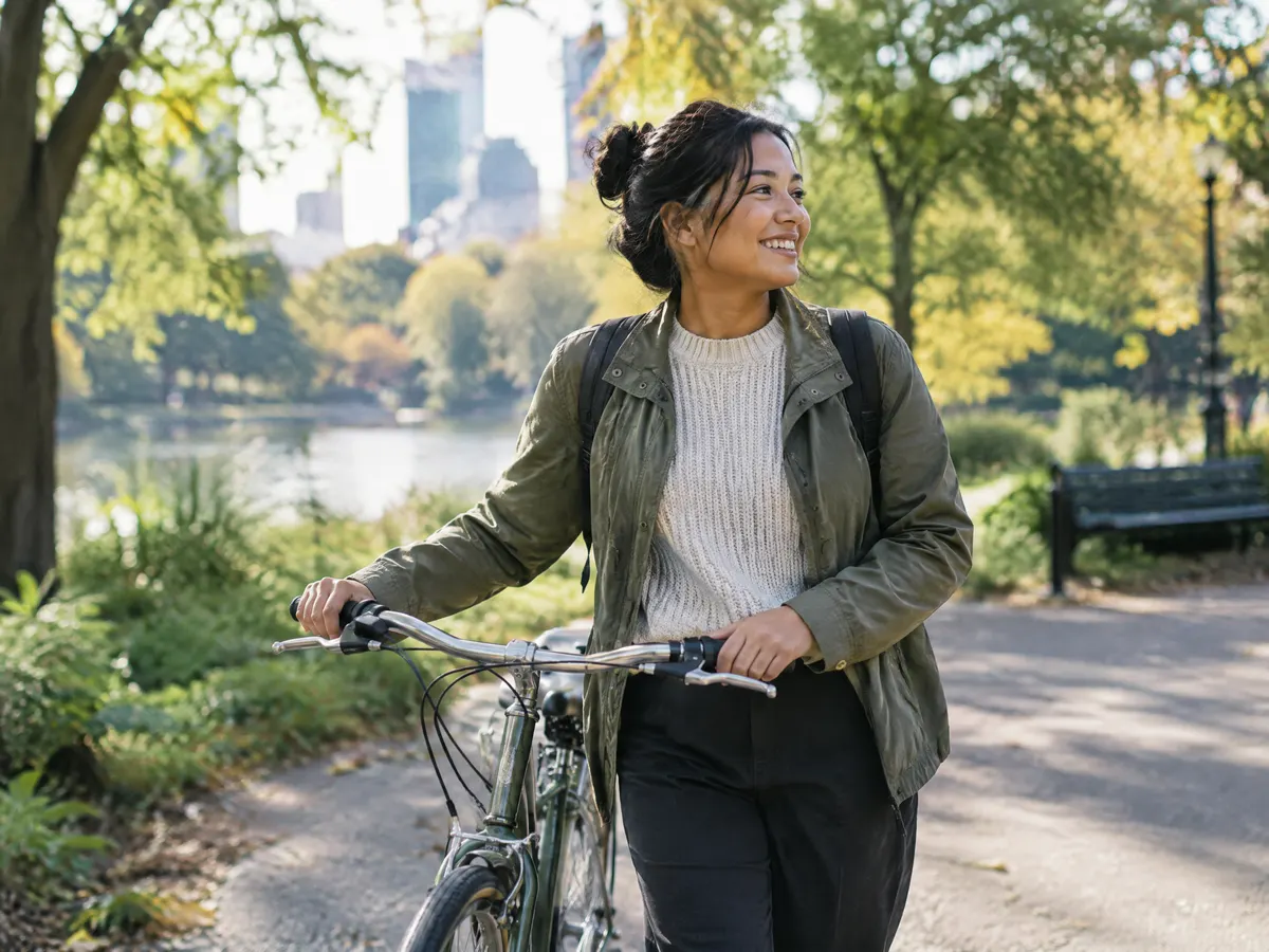 A nonprofit worker walking her bike through a city park with a smile.