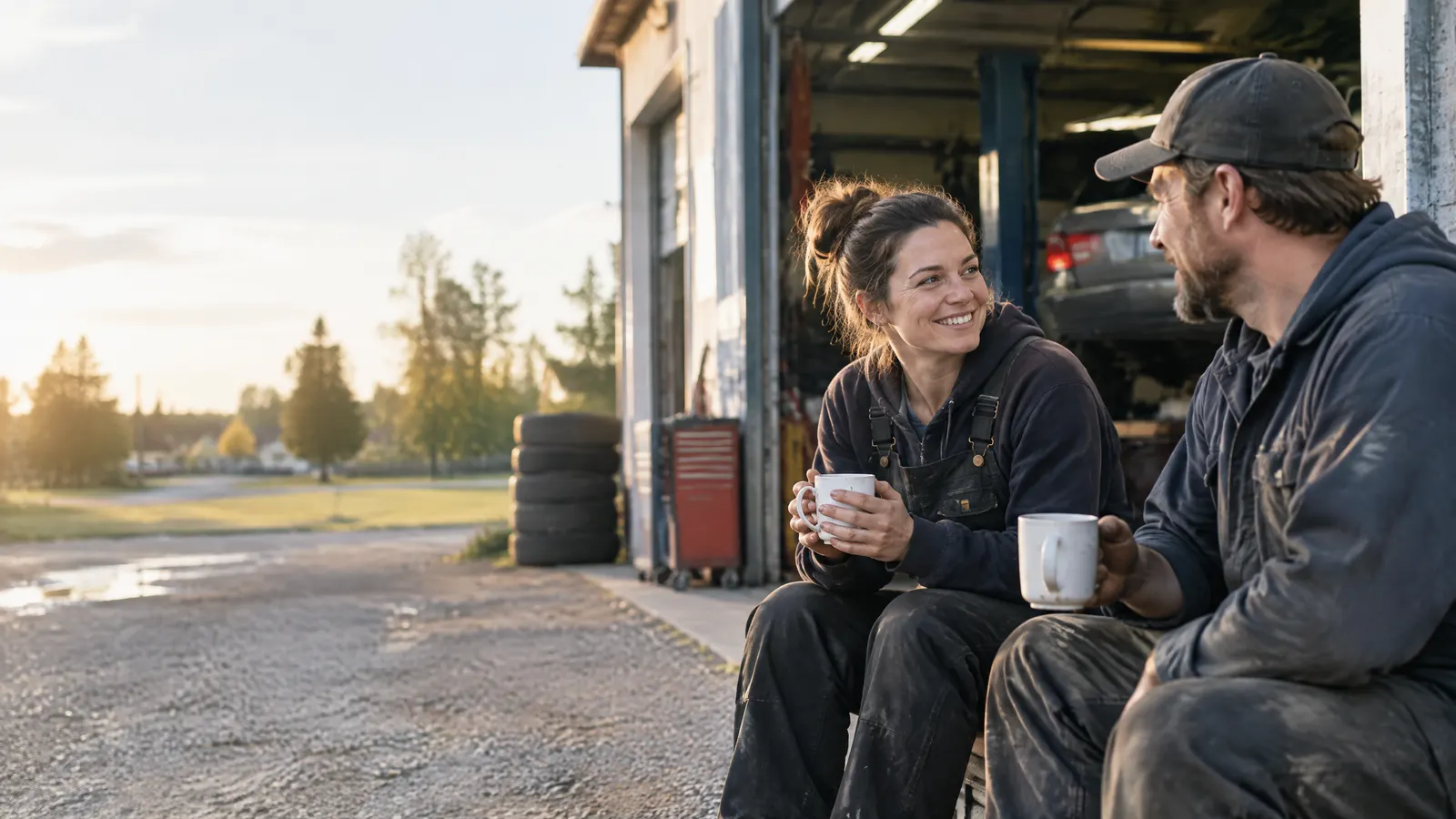 A husband and wife who run a small auto repair shop sharing coffee outside their garage in the morning.