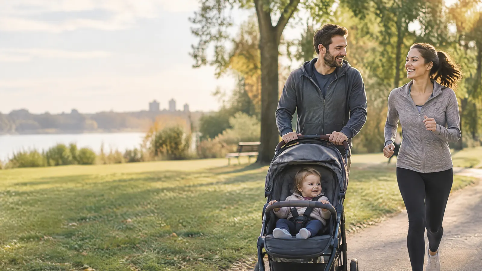 A young family at a neighbourhood park, the dad pushing a stroller and the mom jogging beside him, healthy and happy.