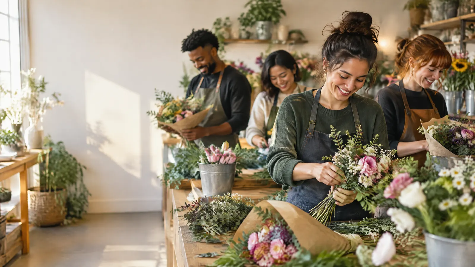 Four employees of a small flower shop arranging bouquets together, cheerful and busy.