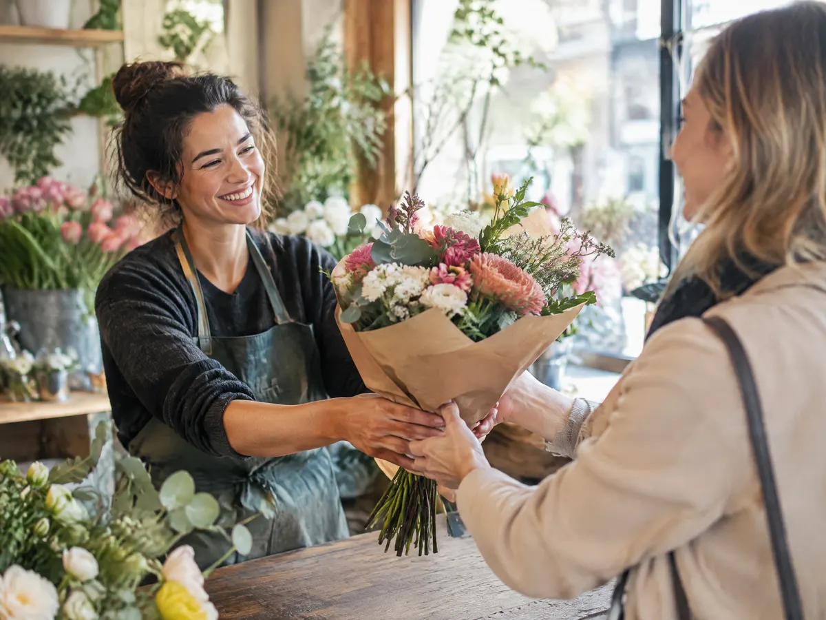 A florist handing a bouquet to a smiling customer.