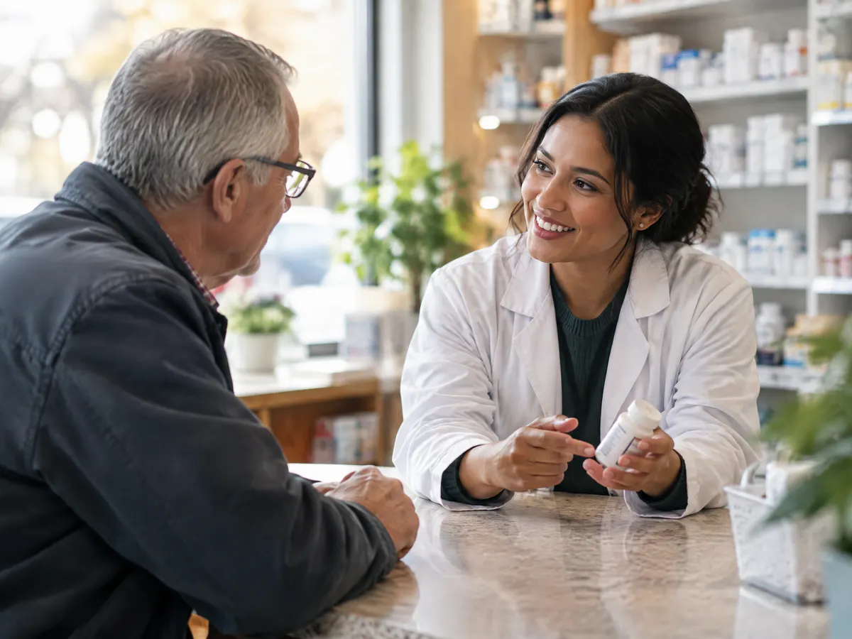 An older man chatting with a smiling pharmacist across the counter as she explains his new medication.