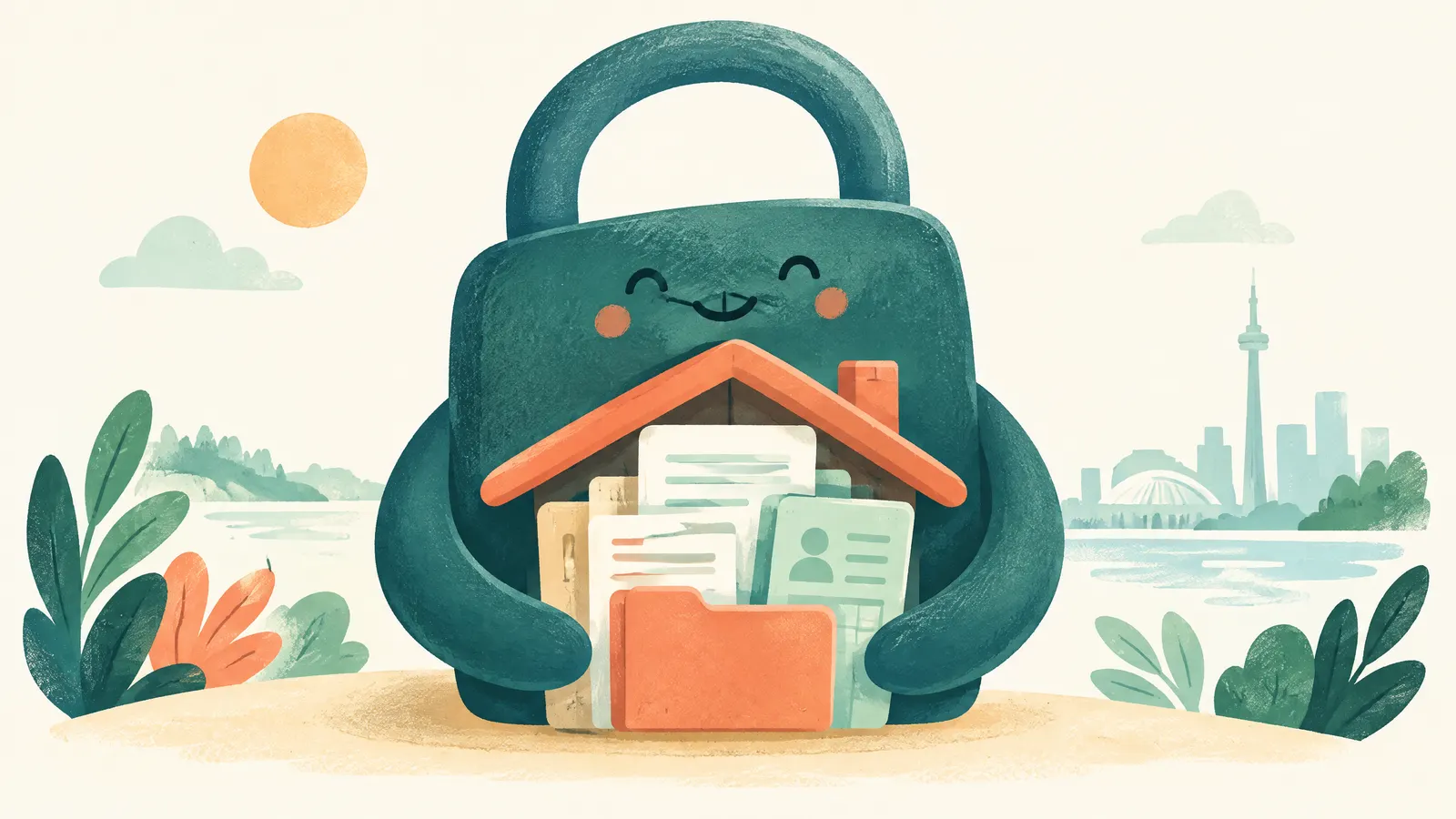 Illustration: a friendly padlock shape protecting a small house of documents.