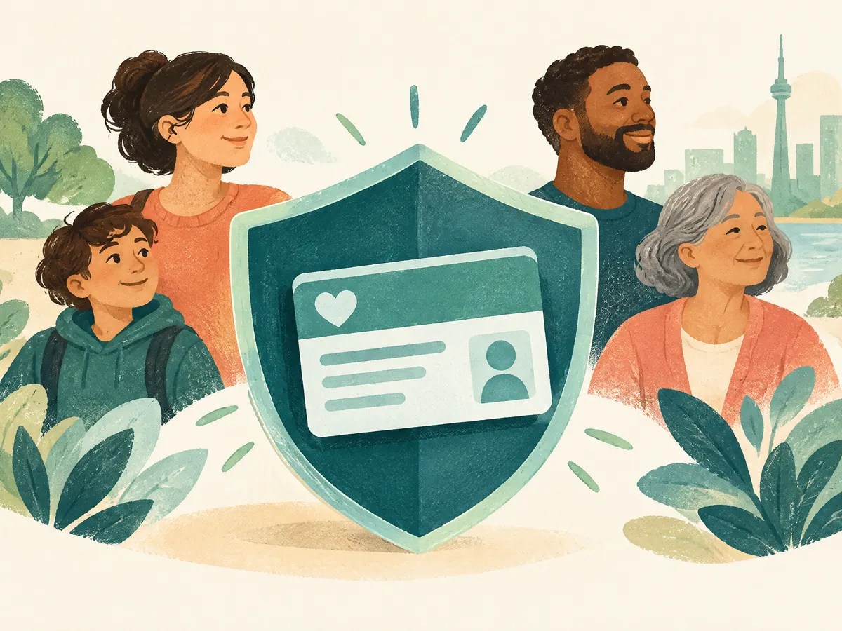 Illustration: a shield sheltering a health card.