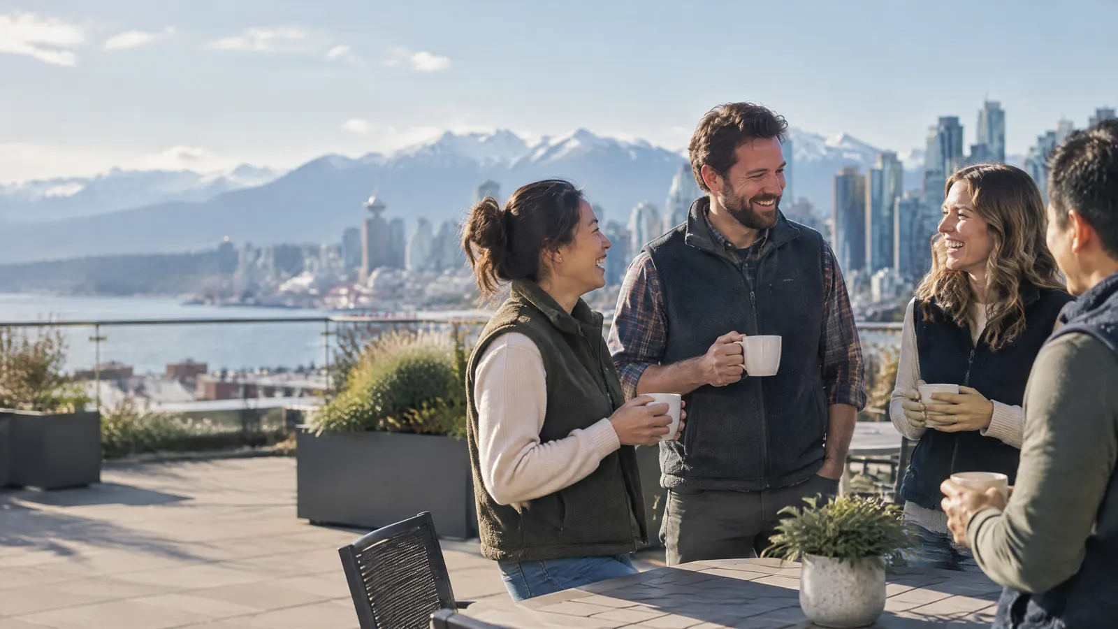 A small team in fleece vests and casual work clothes shares a laugh over coffee on a sunny office patio, with distant snow-capped mountains on the horizon behind a modern city skyline.