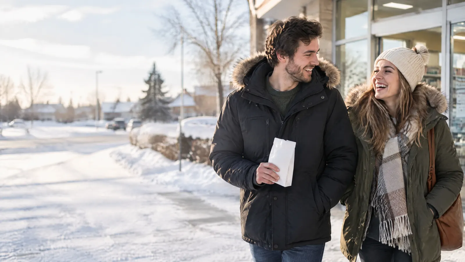 A young couple in winter coats laughs as they leave a bright neighbourhood pharmacy on a crisp, snowy prairie afternoon, one holding a small paper prescription bag.