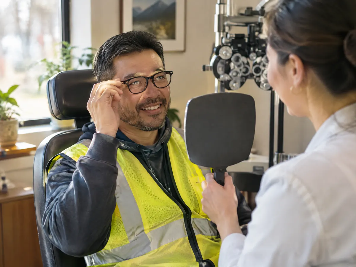 A warehouse team lead in a high-visibility vest sits in an optometrist's exam chair trying on a new pair of glasses while the optometrist holds up a hand mirror.