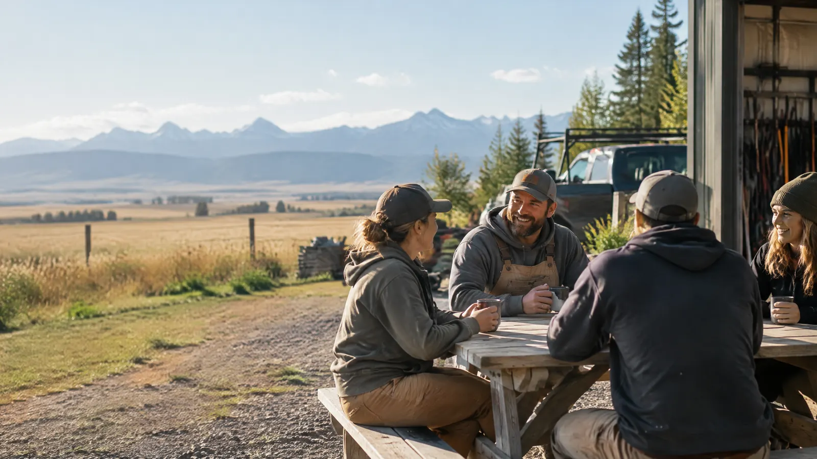 A small team at an Alberta landscaping company shares coffee at a picnic table outside their shop on a sunny morning, with open prairie and distant foothills behind them.