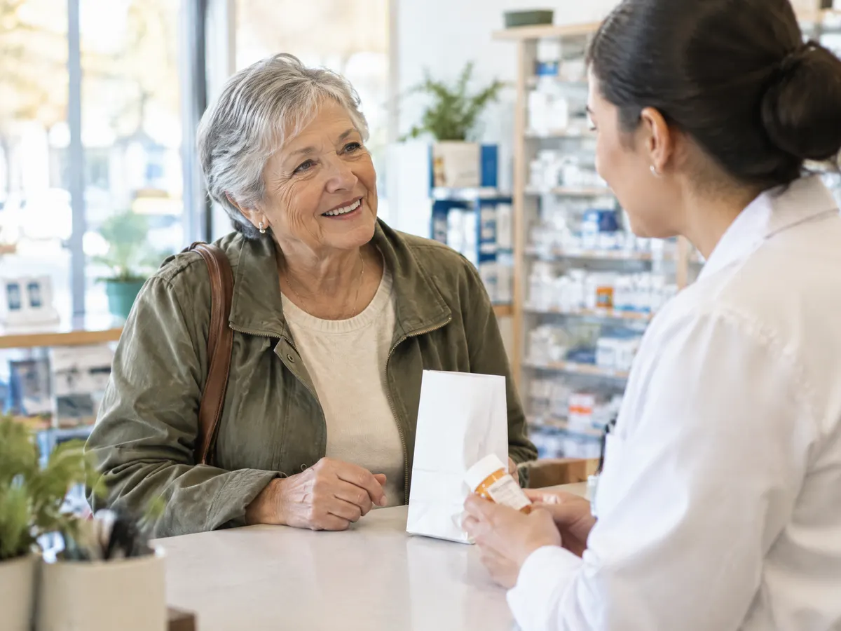 A woman in her late sixties chats with a pharmacist at a bright neighbourhood pharmacy counter while picking up a prescription.