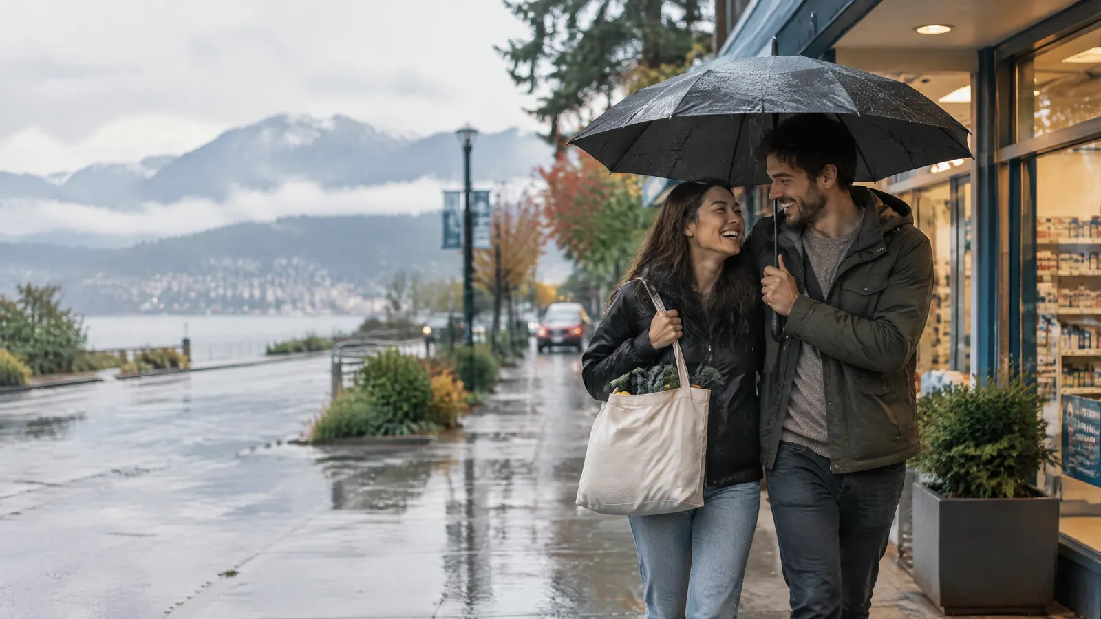 A young couple carrying a reusable grocery bag leave a neighbourhood pharmacy on a rainy Vancouver street, laughing under one umbrella with mountains faintly visible in the mist behind them.
