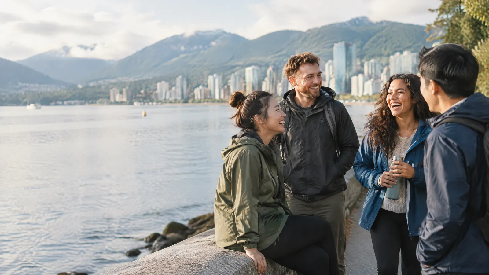 A small team in rain jackets and casual clothes laughs together on a waterfront seawall path at lunchtime, with green mountains and a glassy city skyline across the water behind them.