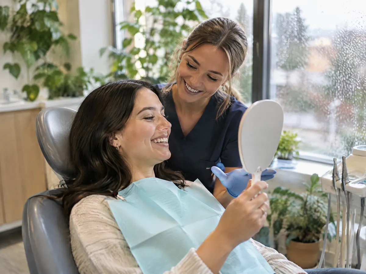 A young woman relaxes in a dentist's chair as a smiling hygienist shows her a small hand mirror in a bright, plant-filled clinic with rain on the window.