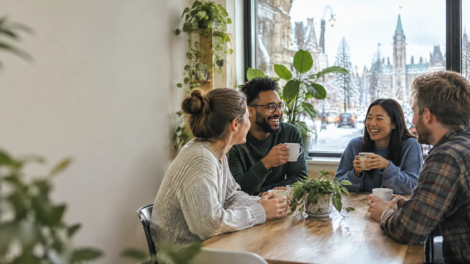 A small team of coworkers in casual clothes shares coffee and laughs around a kitchen table in a bright, plant-filled office, with a big window showing a snowy Canadian city street.
