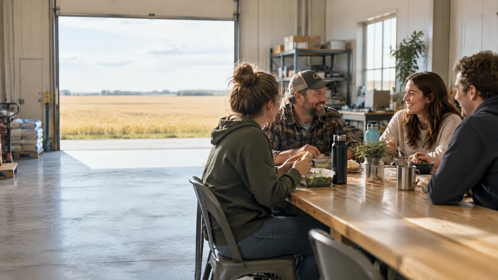 A small team at a Manitoba family business shares lunch at a long table in a bright warehouse office, with golden prairie fields visible through the open loading door.