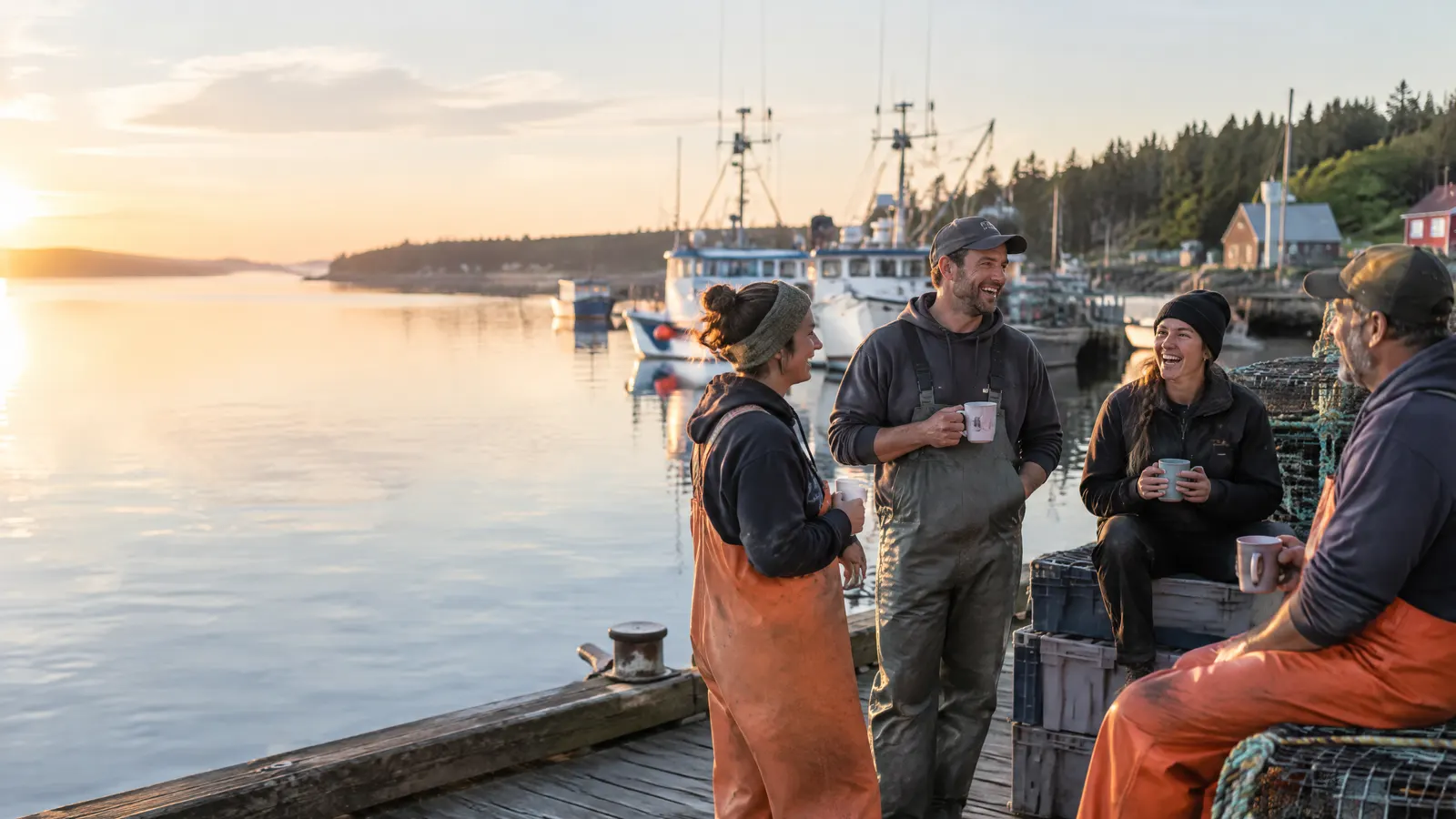 A small crew at a waterfront seafood business in New Brunswick shares coffee and laughs on the dock in the early morning, with fishing boats and calm water behind them.