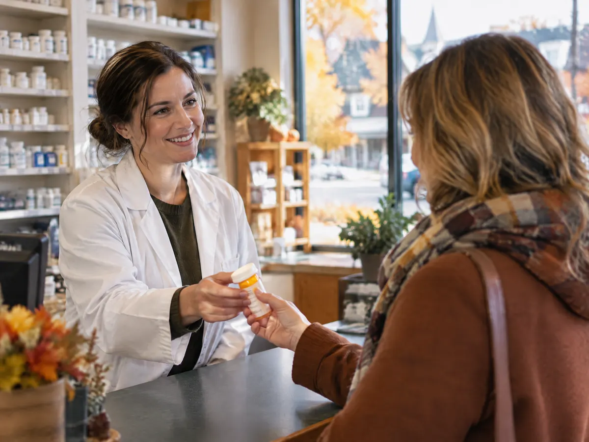 A woman in her thirties picks up a prescription from a friendly pharmacist at a small-town pharmacy counter on a crisp autumn afternoon.