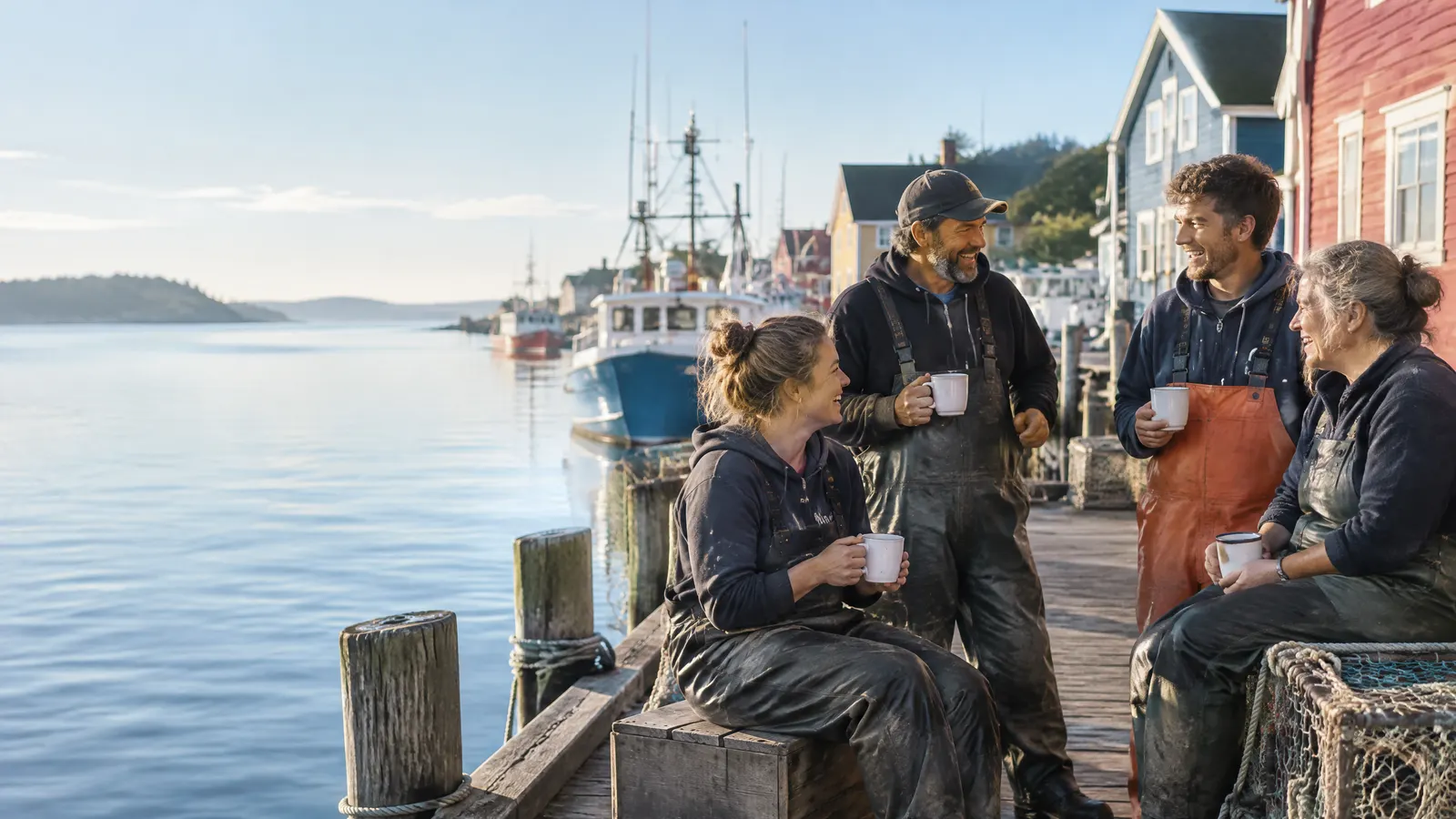 A small crew from a family-run marine business shares coffee and laughs on a wooden wharf beside brightly painted houses and fishing boats on a clear morning.