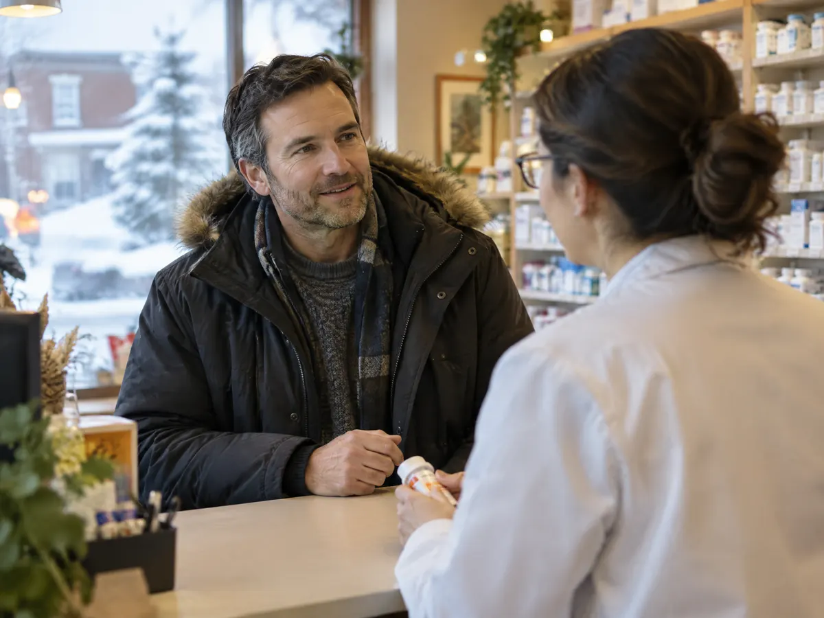 A man in his forties chats with a pharmacist across the counter of a cozy neighbourhood pharmacy while picking up a prescription on a snowy afternoon.