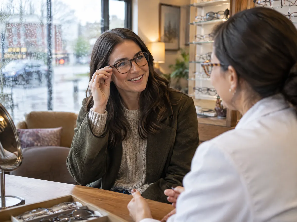 A woman in her thirties chats with an optometrist while trying on new eyeglass frames in a cozy neighbourhood eye care shop on a rainy afternoon.